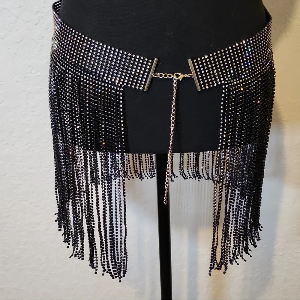 Women's Black Rhinestone Fringe Chain Adjustable Wide Waist Belt One Size